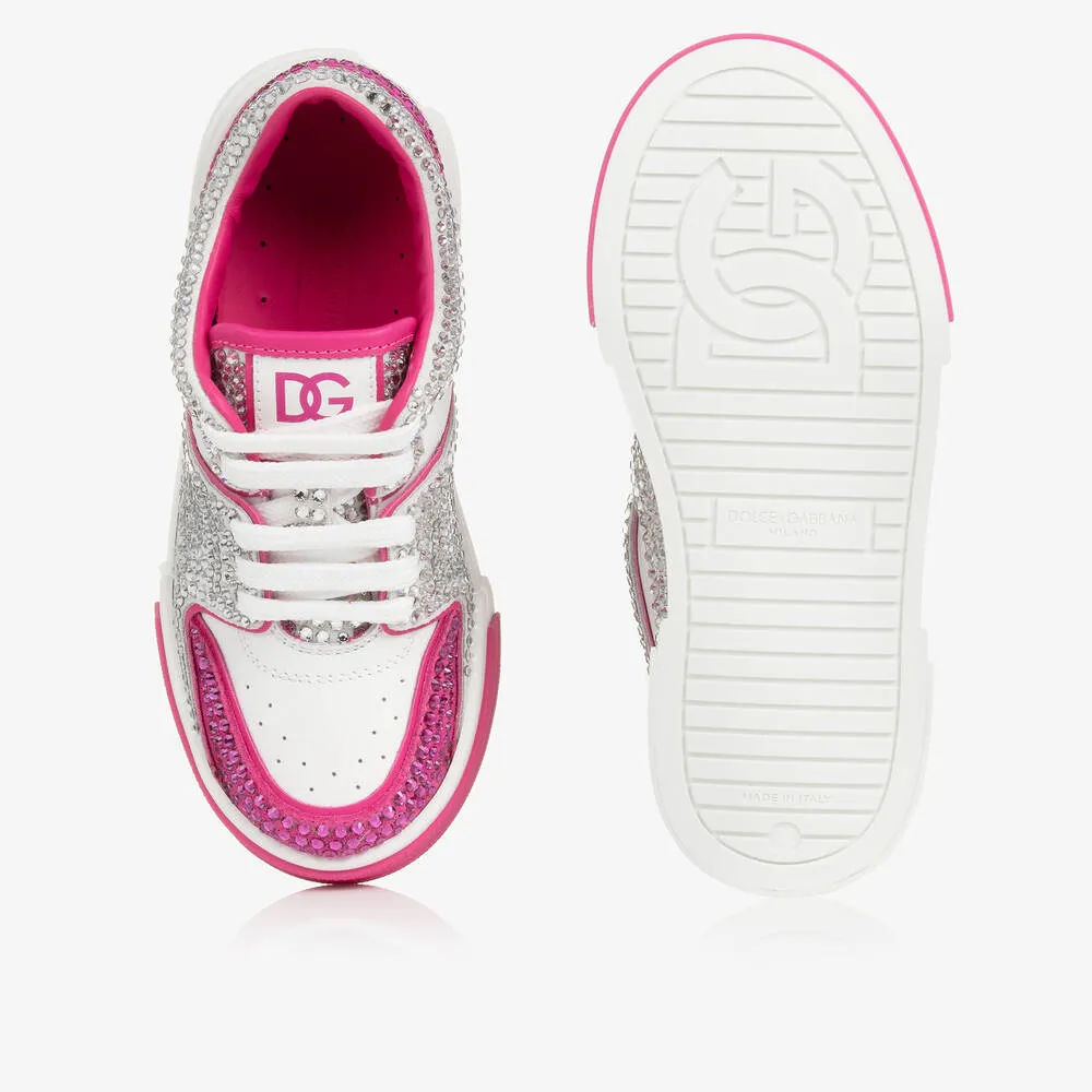 Girls White & Pink Rhinestone Leather Trainers