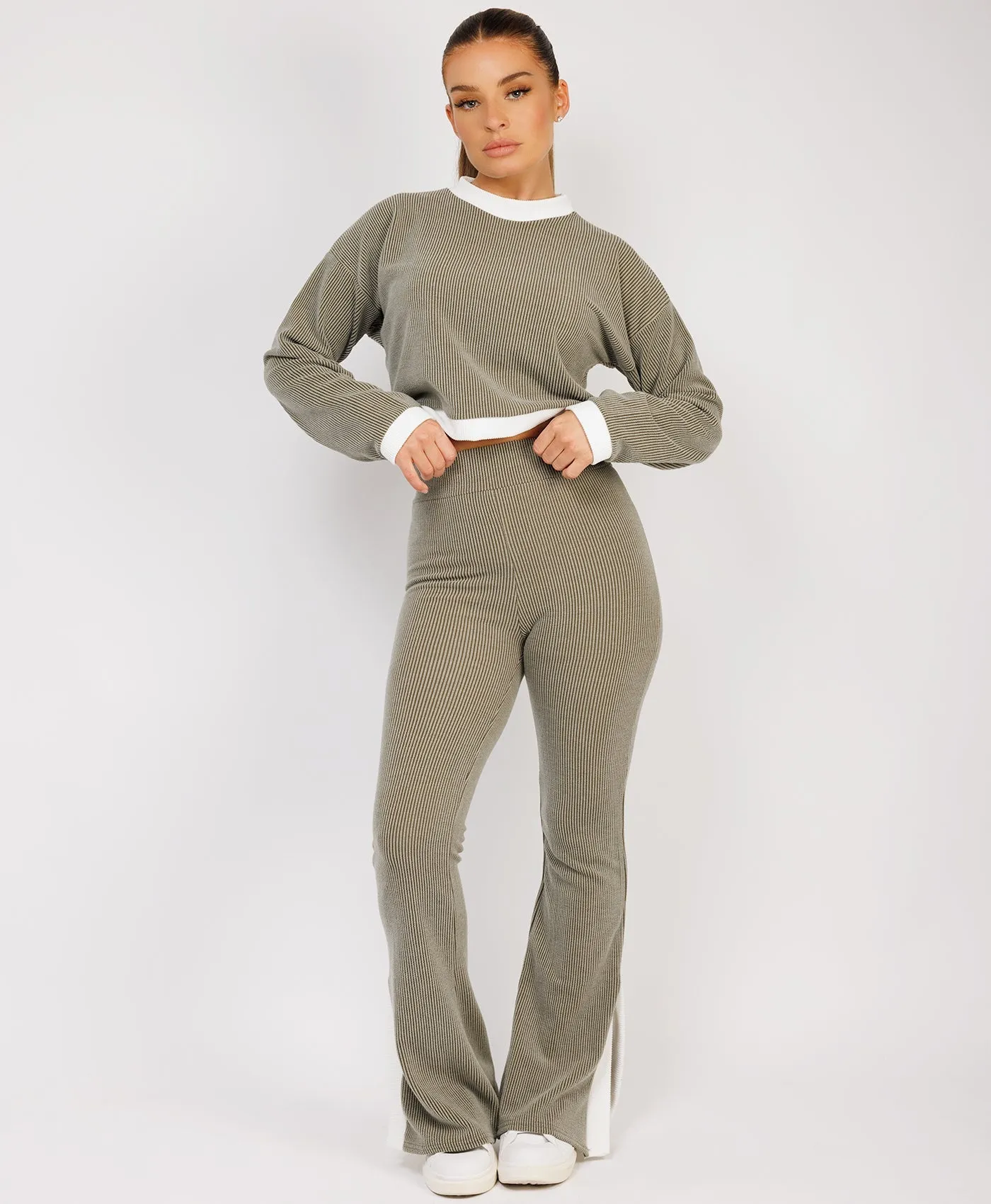 Khaki Contrast Stripe Jumper & Split Detail Trousers Loungewear Set