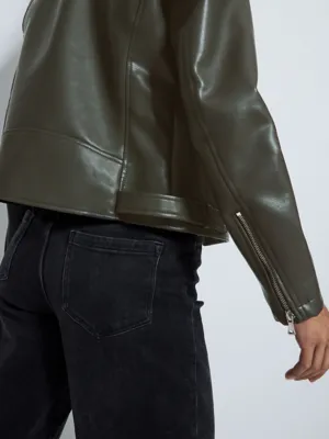 Khaki Faux Leather Biker Jacket | Women | George at ASDA