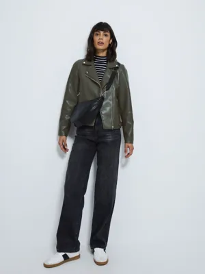 Khaki Faux Leather Biker Jacket | Women | George at ASDA