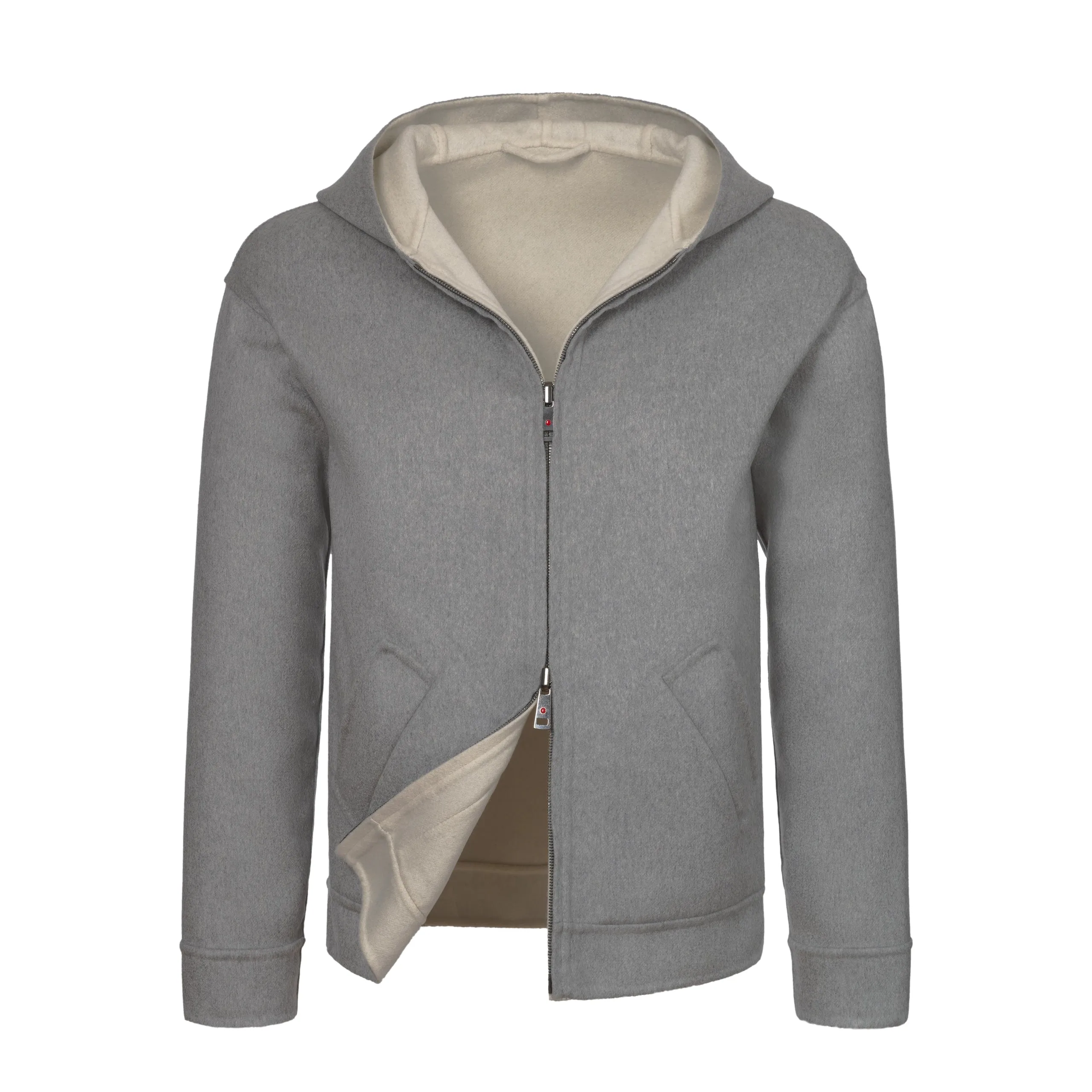  Kired Reversible Cashmere Hooded Jacket in Light Grey and Beige