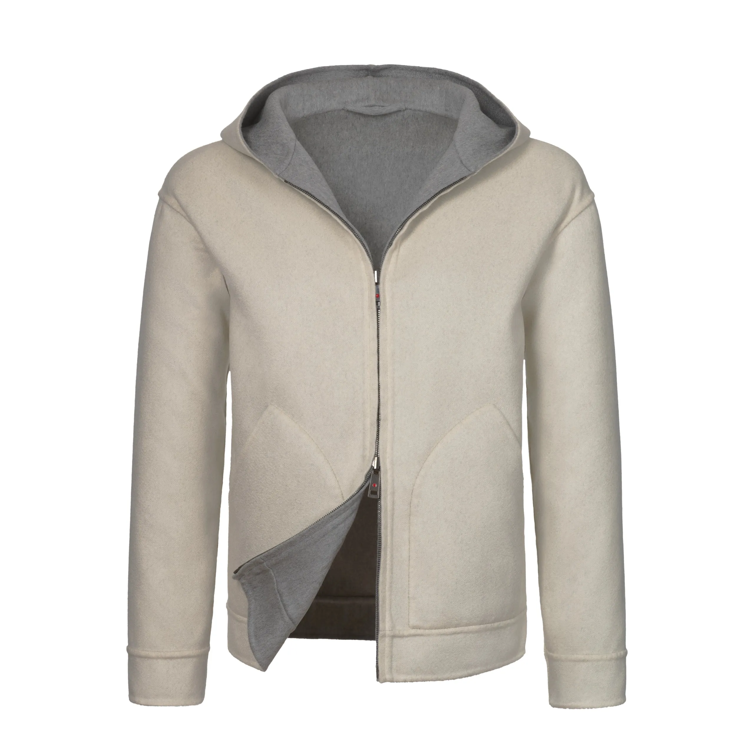  Kired Reversible Cashmere Hooded Jacket in Light Grey and Beige