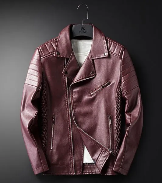 Leather biker perfecto jacket for men with textured shoulder padding