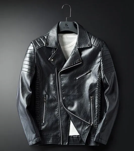 Leather biker perfecto jacket for men with textured shoulder padding