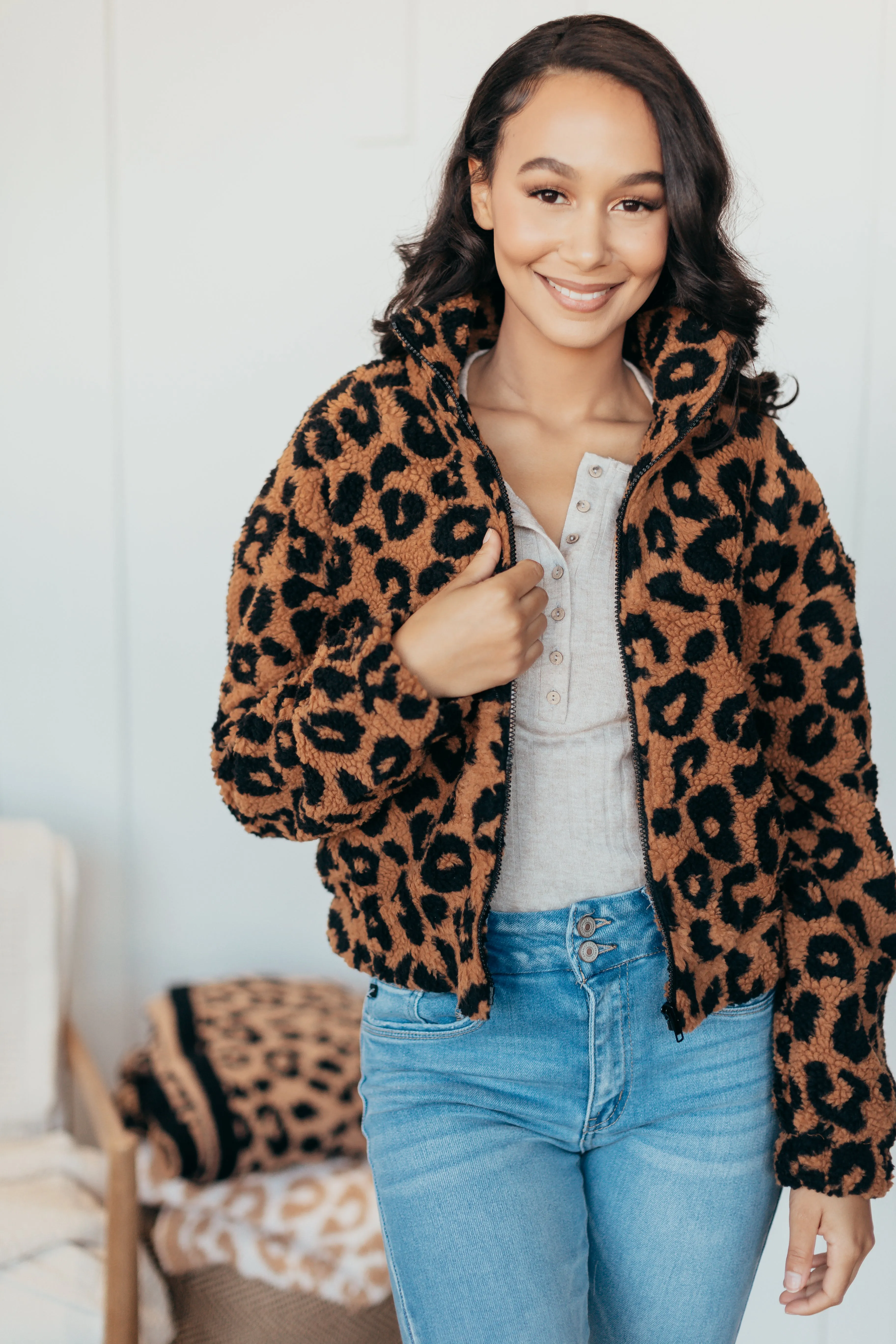 Leopard Sherpa Zip Up Jacket