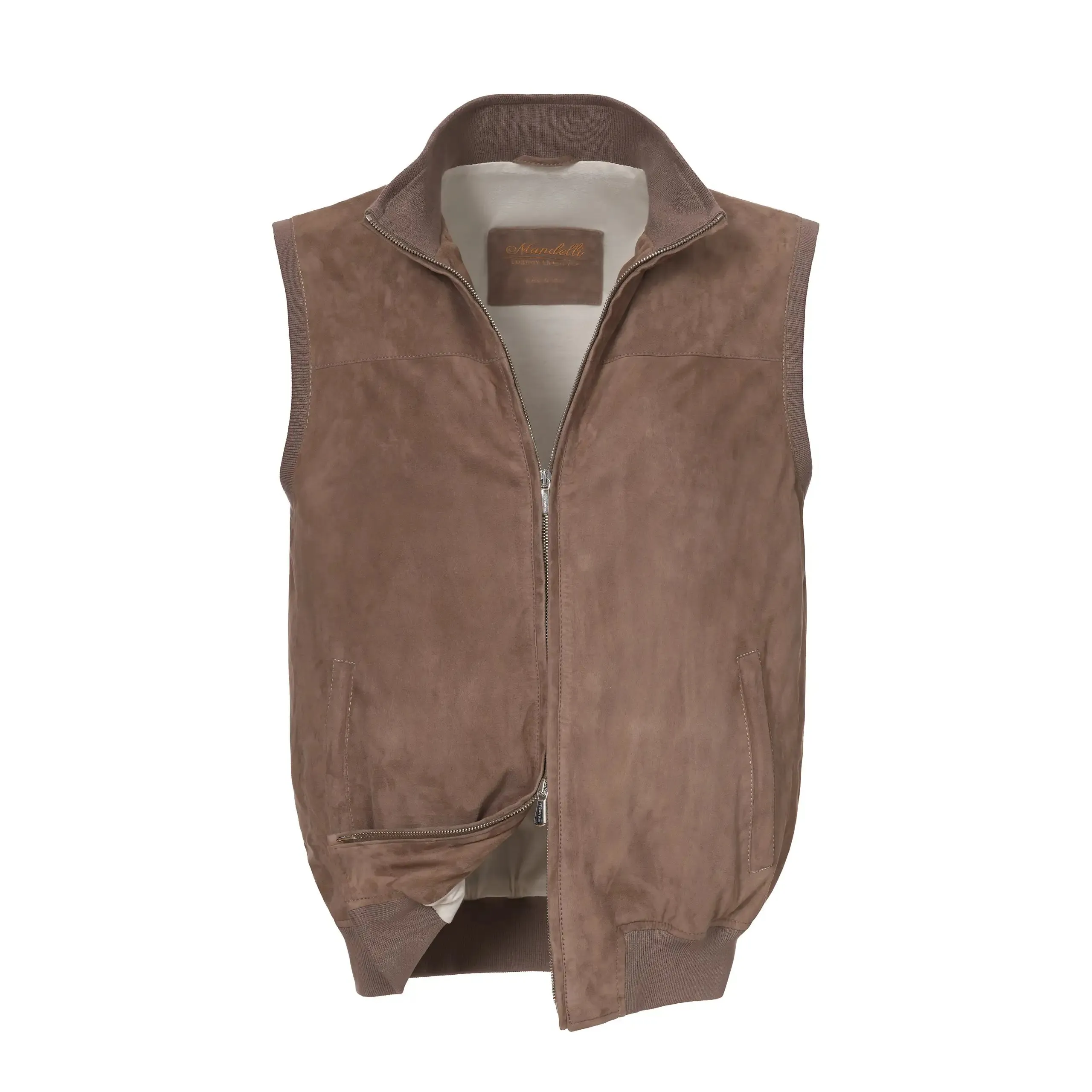  Mandelli Hooded Leather Vest in Taupe