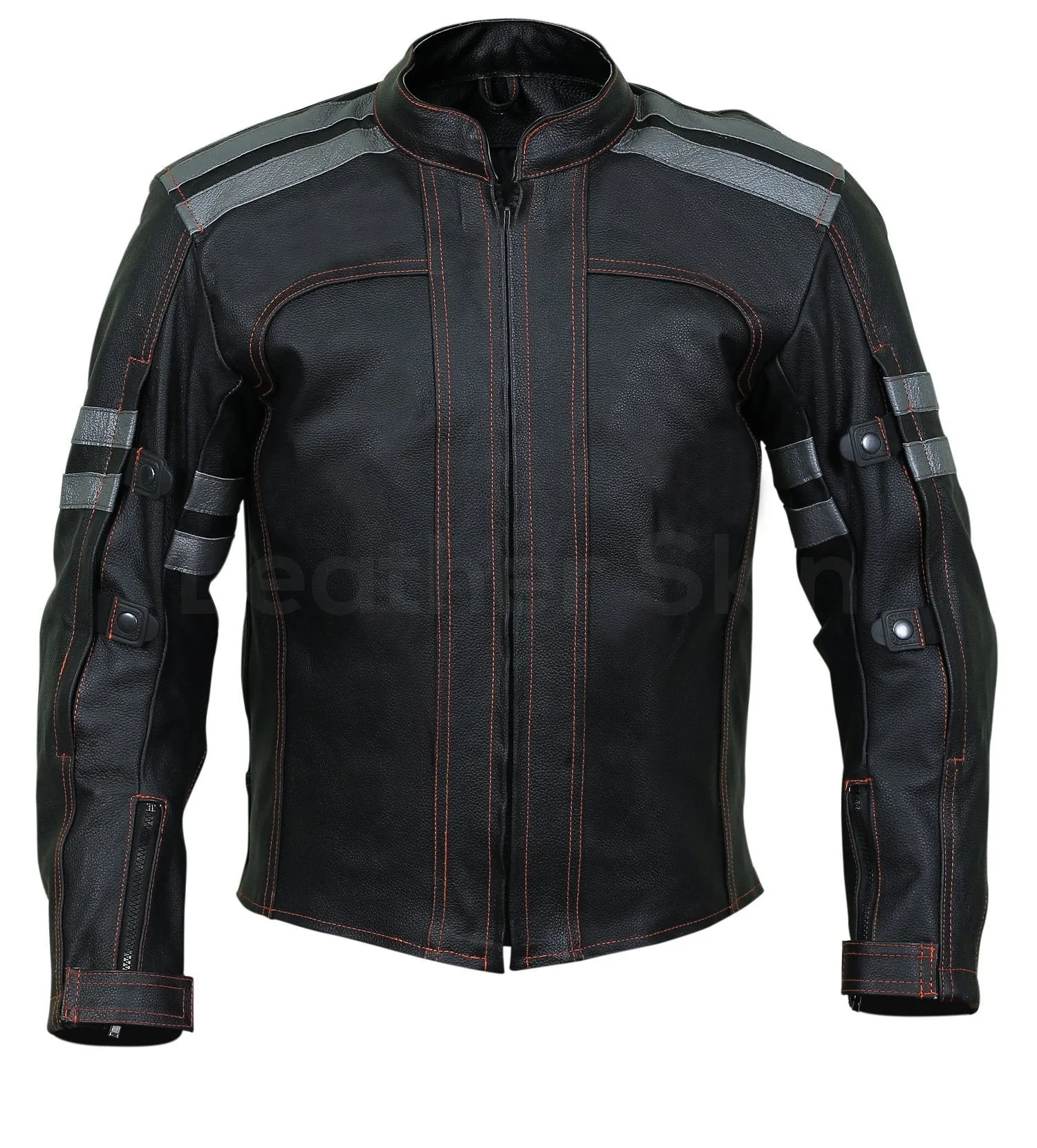 Men Black Motorcycle Biker Leather Jacket with Red Stitching - Leather Skin Shop