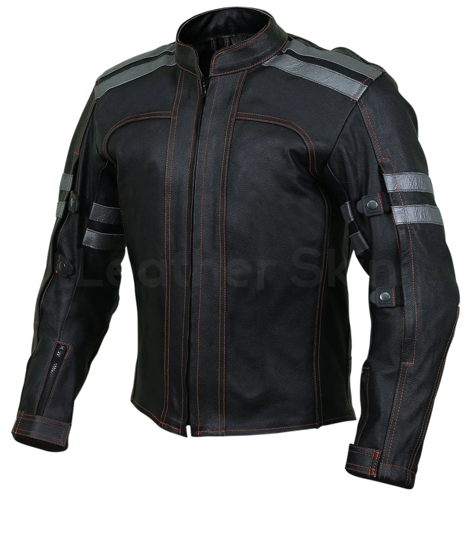 Men Black Motorcycle Biker Leather Jacket with Red Stitching - Leather Skin Shop