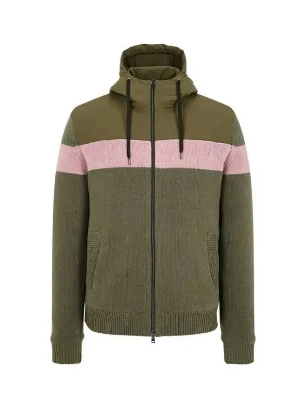 Men s Color Block Knitted Hooded Jacket Khaki 271857