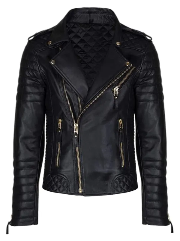 Men’s Black Leather Biker Jacket With Gold Zippers