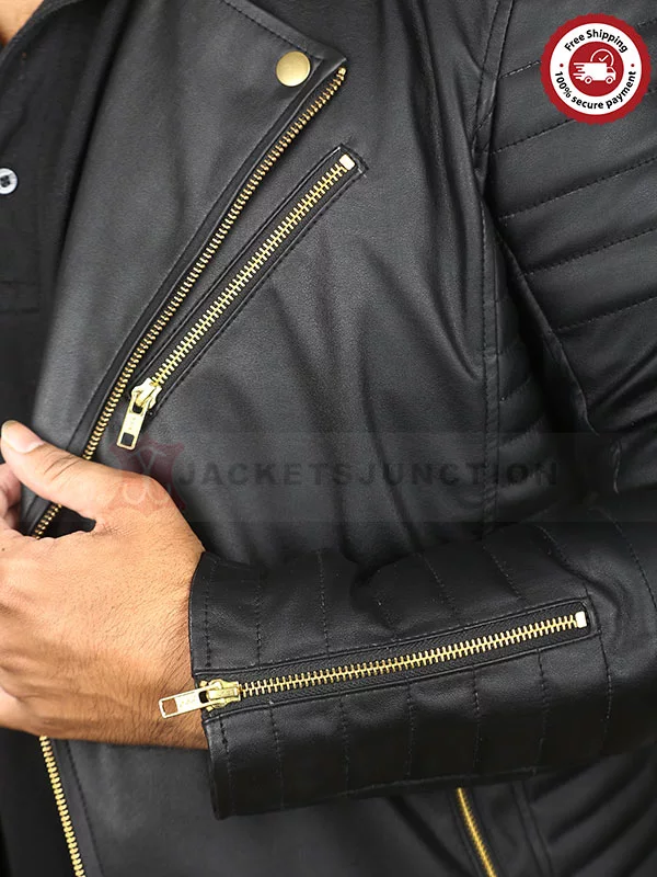 Men’s Black Leather Biker Jacket With Gold Zippers