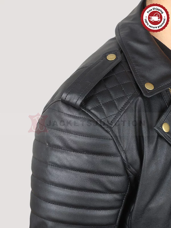 Men’s Black Leather Biker Jacket With Gold Zippers