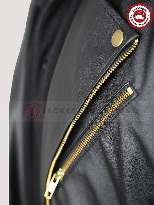 Men’s Black Leather Biker Jacket With Gold Zippers