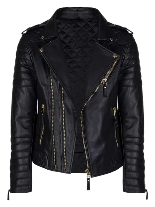 Men’s Black Leather Biker Jacket With Gold Zippers