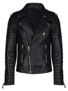 Men’s Black Leather Biker Jacket With Gold Zippers