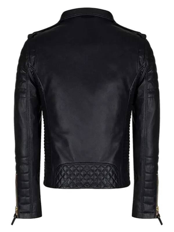 Men’s Black Leather Biker Jacket With Gold Zippers