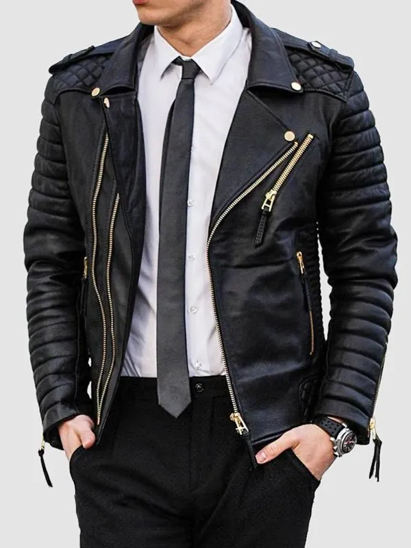 Men’s Black Leather Biker Jacket With Gold Zippers