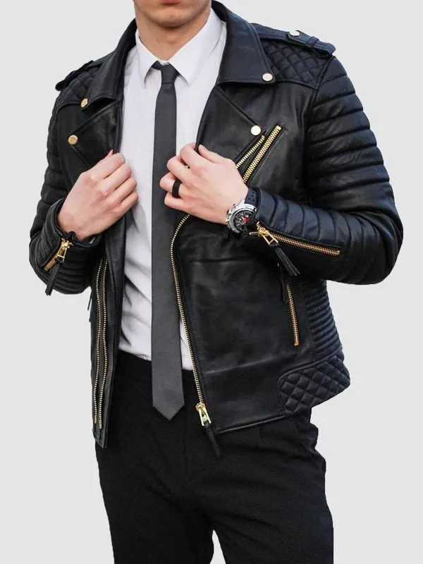 Men’s Black Leather Biker Jacket With Gold Zippers