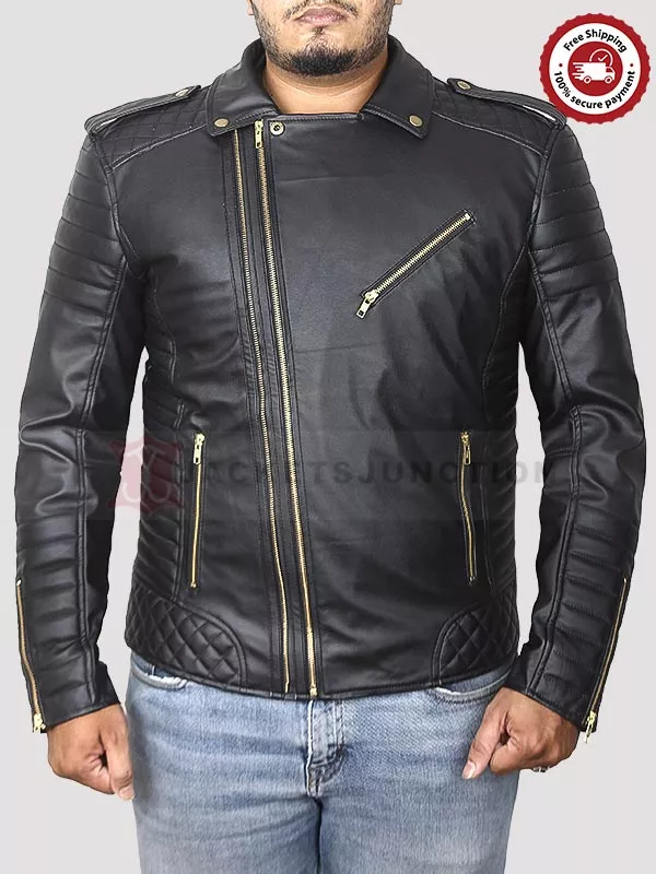 Men’s Black Leather Biker Jacket With Gold Zippers