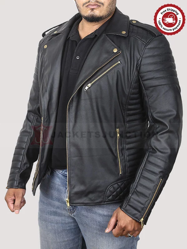 Men’s Black Leather Biker Jacket With Gold Zippers