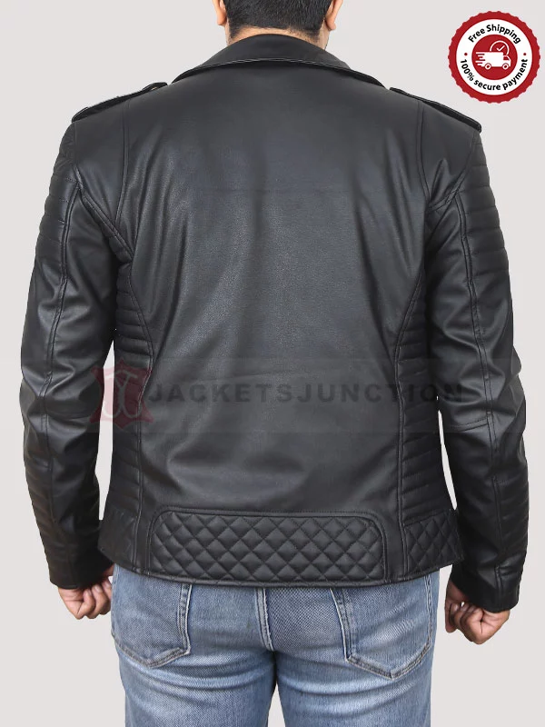 Men’s Black Leather Biker Jacket With Gold Zippers