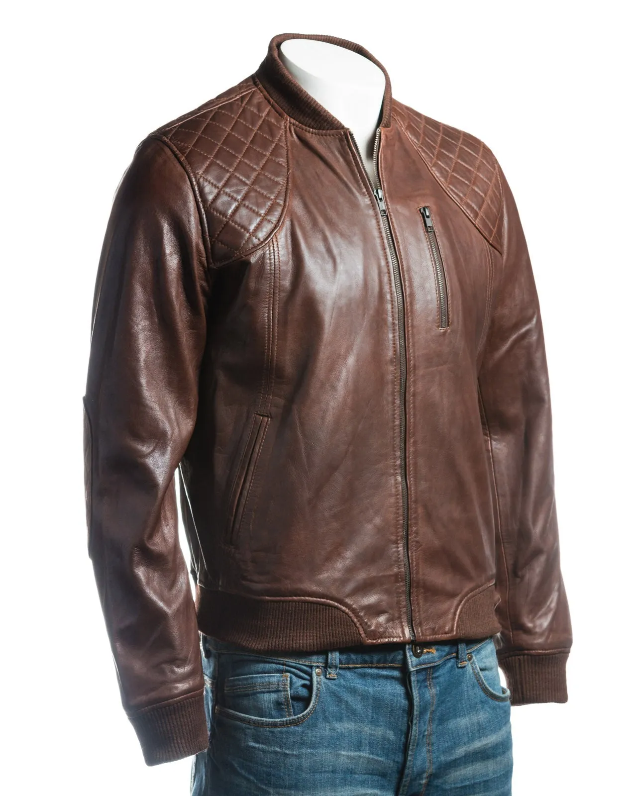 Men's Antique Brown Leather Rib Knit Collar Bomber Jacket With Diamond Shoulder Stitch Detail: Romeo