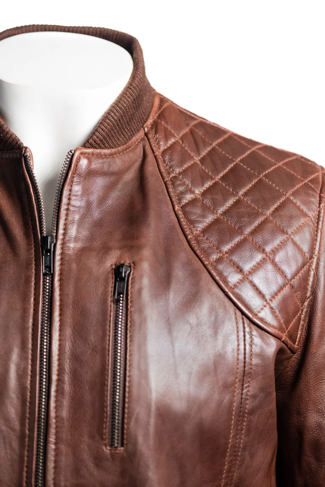 Men's Antique Brown Leather Rib Knit Collar Bomber Jacket With Diamond Shoulder Stitch Detail: Romeo