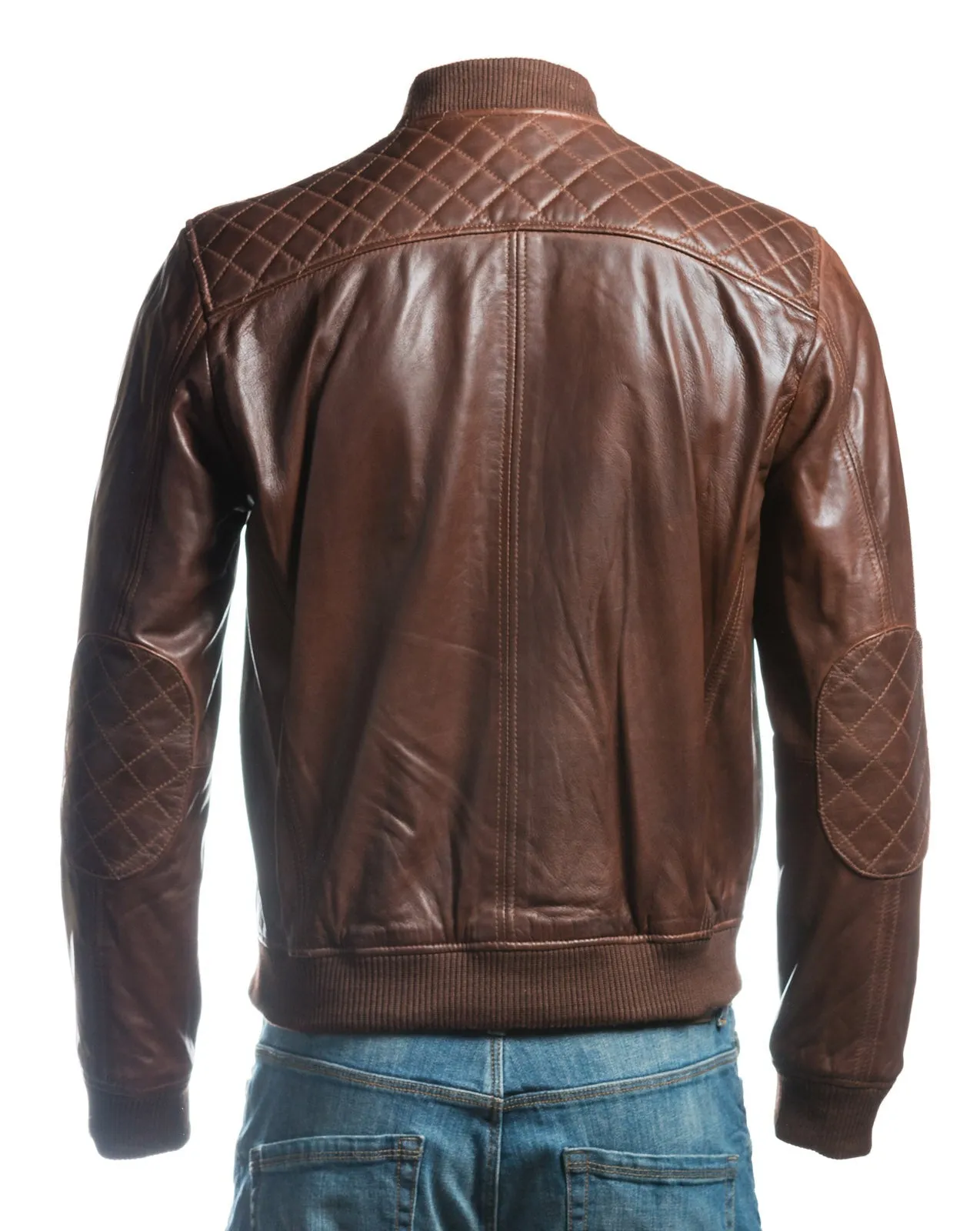 Men's Antique Brown Leather Rib Knit Collar Bomber Jacket With Diamond Shoulder Stitch Detail: Romeo