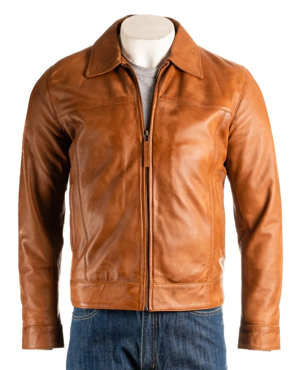 Men's Antique Cognac Harrington Style Bomber Leather Jacket: Matias