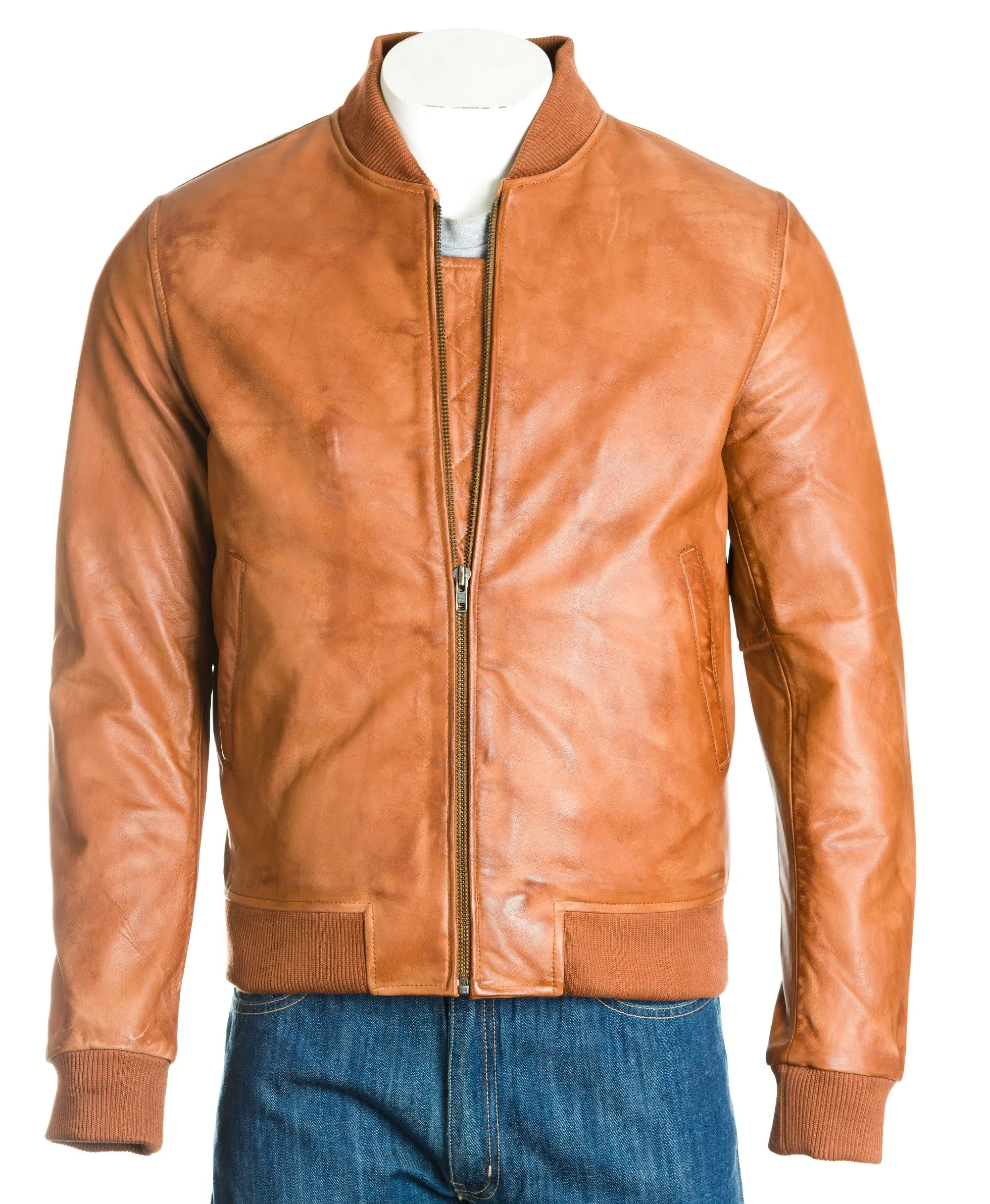 Men's Antique Tan Rib-Knit Collar Leather Bomber Jacket: Benedict