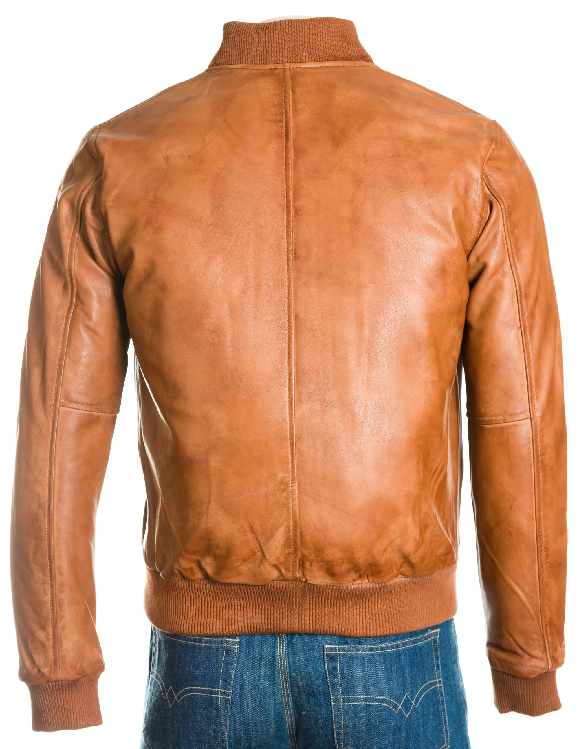 Men's Antique Tan Rib-Knit Collar Leather Bomber Jacket: Benedict