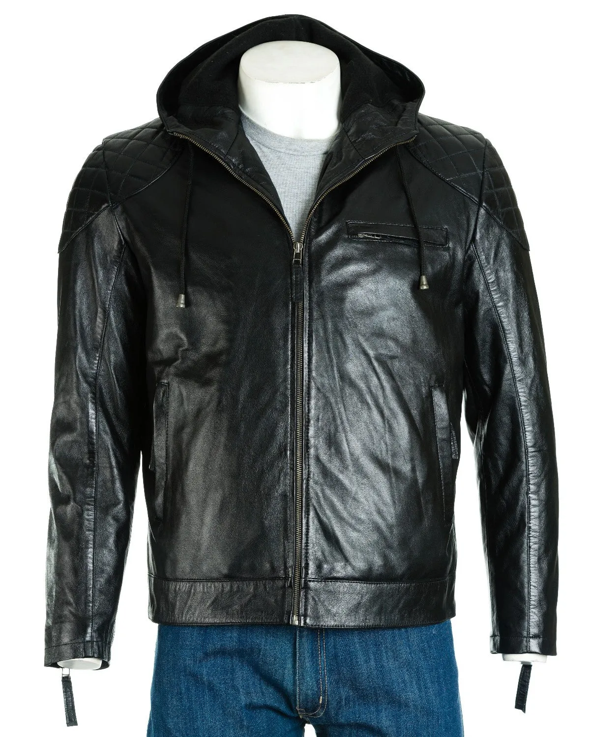 Men's Black Hooded Leather Stitch Detail Bomber Jacket: Geraldo