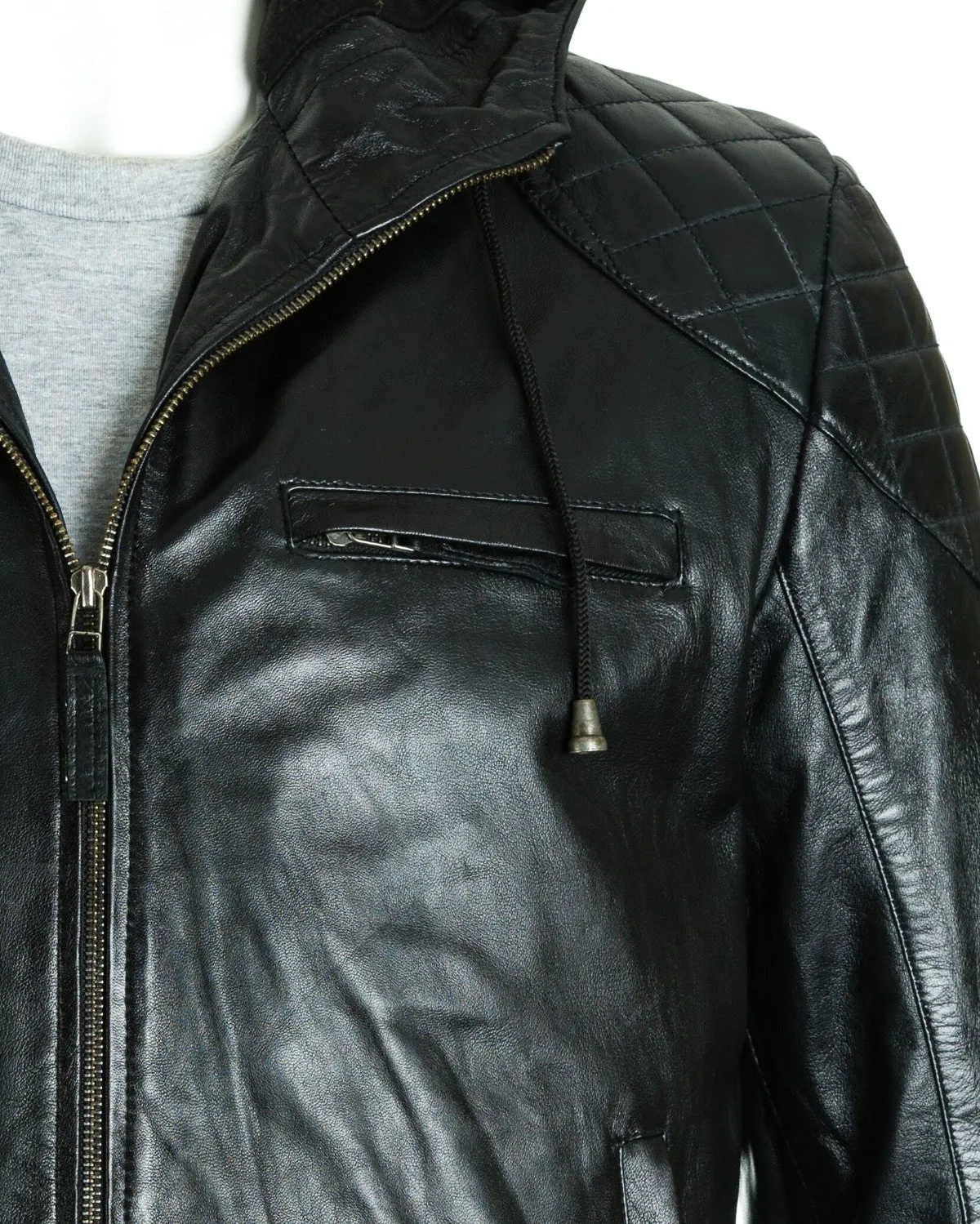 Men's Black Hooded Leather Stitch Detail Bomber Jacket: Geraldo