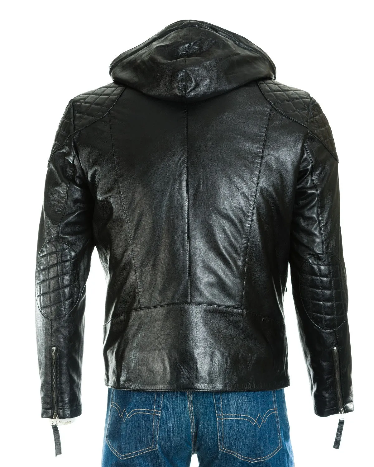 Men's Black Hooded Leather Stitch Detail Bomber Jacket: Geraldo