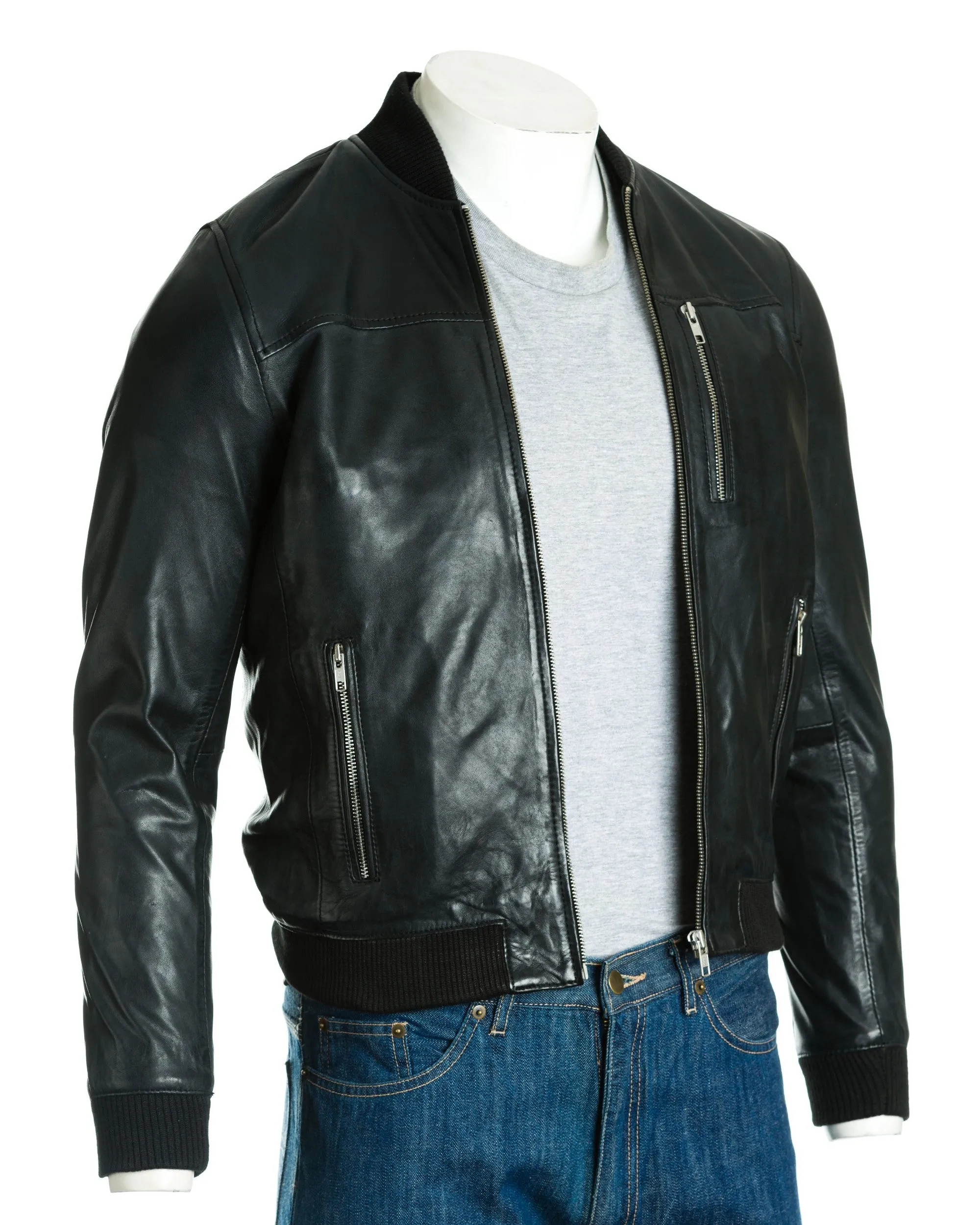 Men's Black Rib-Knit Collar Leather Bomber: Fabbro