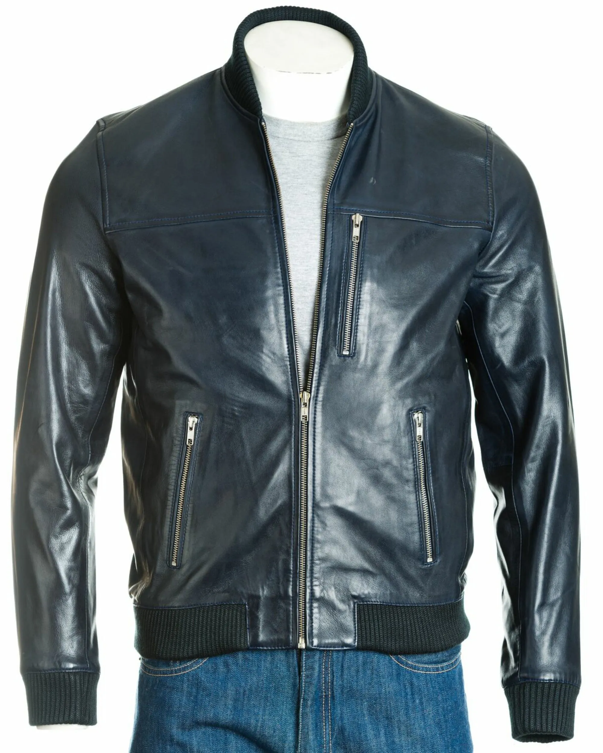 Men's Black Rib-Knit Collar Leather Bomber: Fabbro