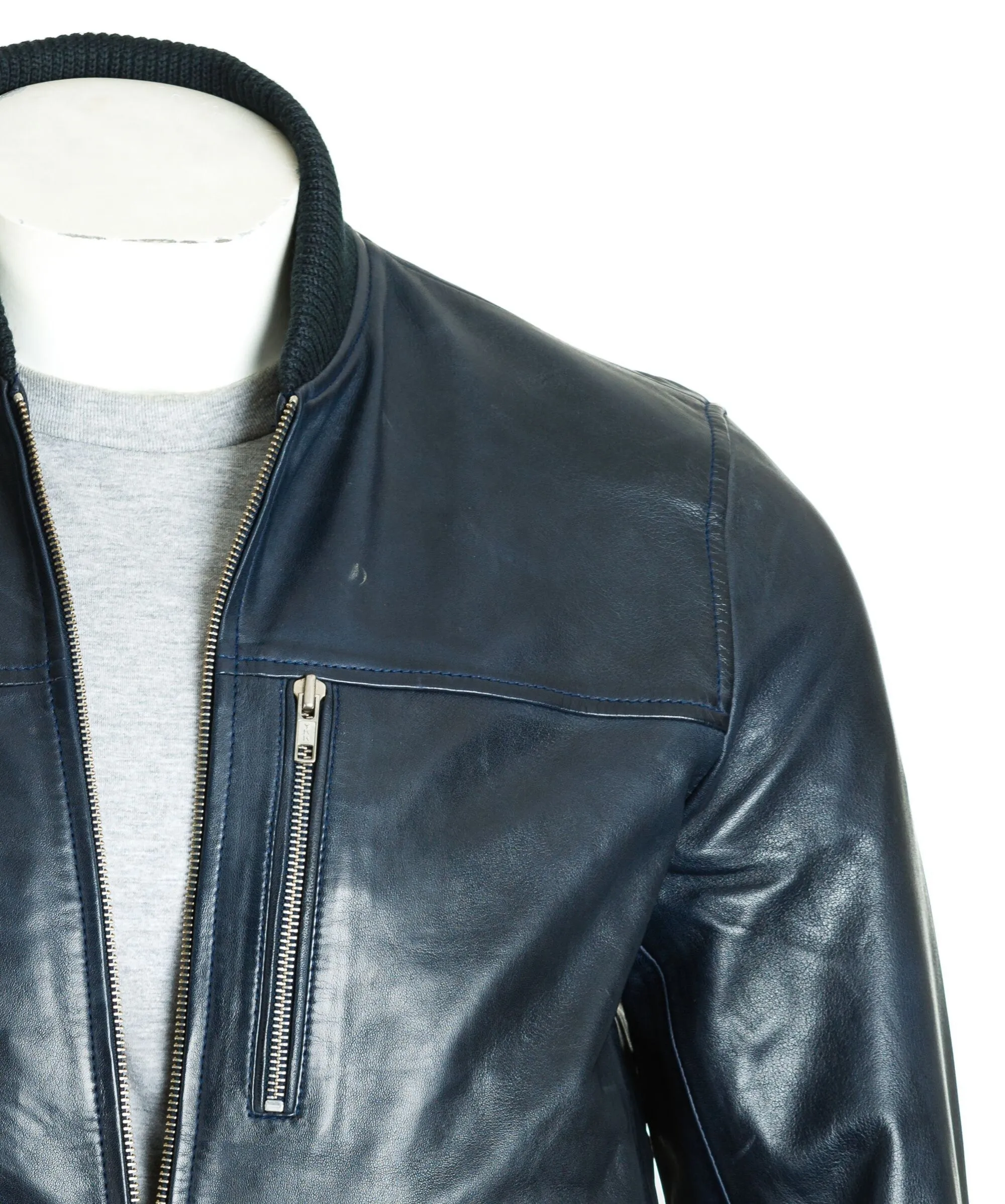 Men's Black Rib-Knit Collar Leather Bomber: Fabbro