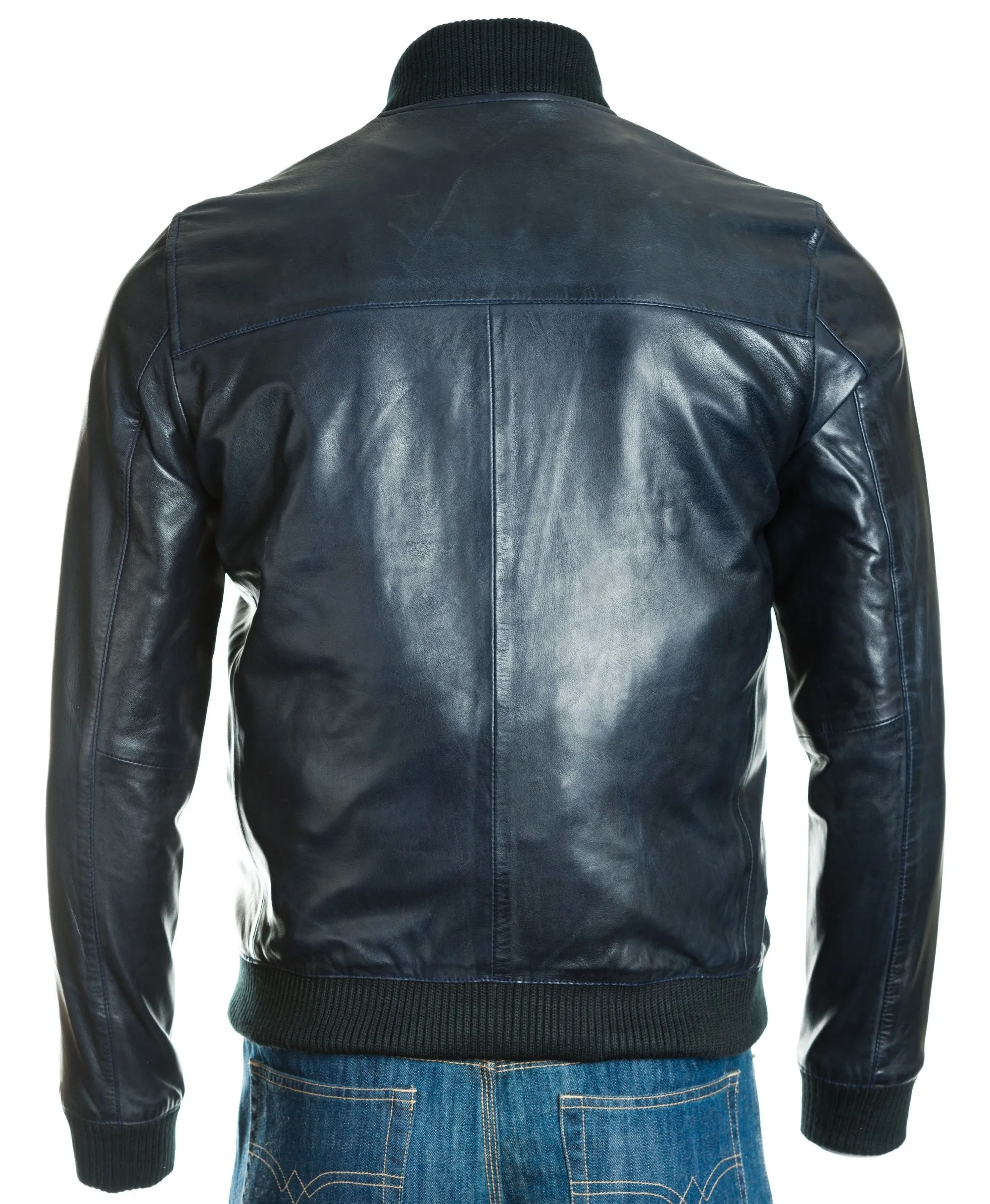 Men's Black Rib-Knit Collar Leather Bomber: Fabbro