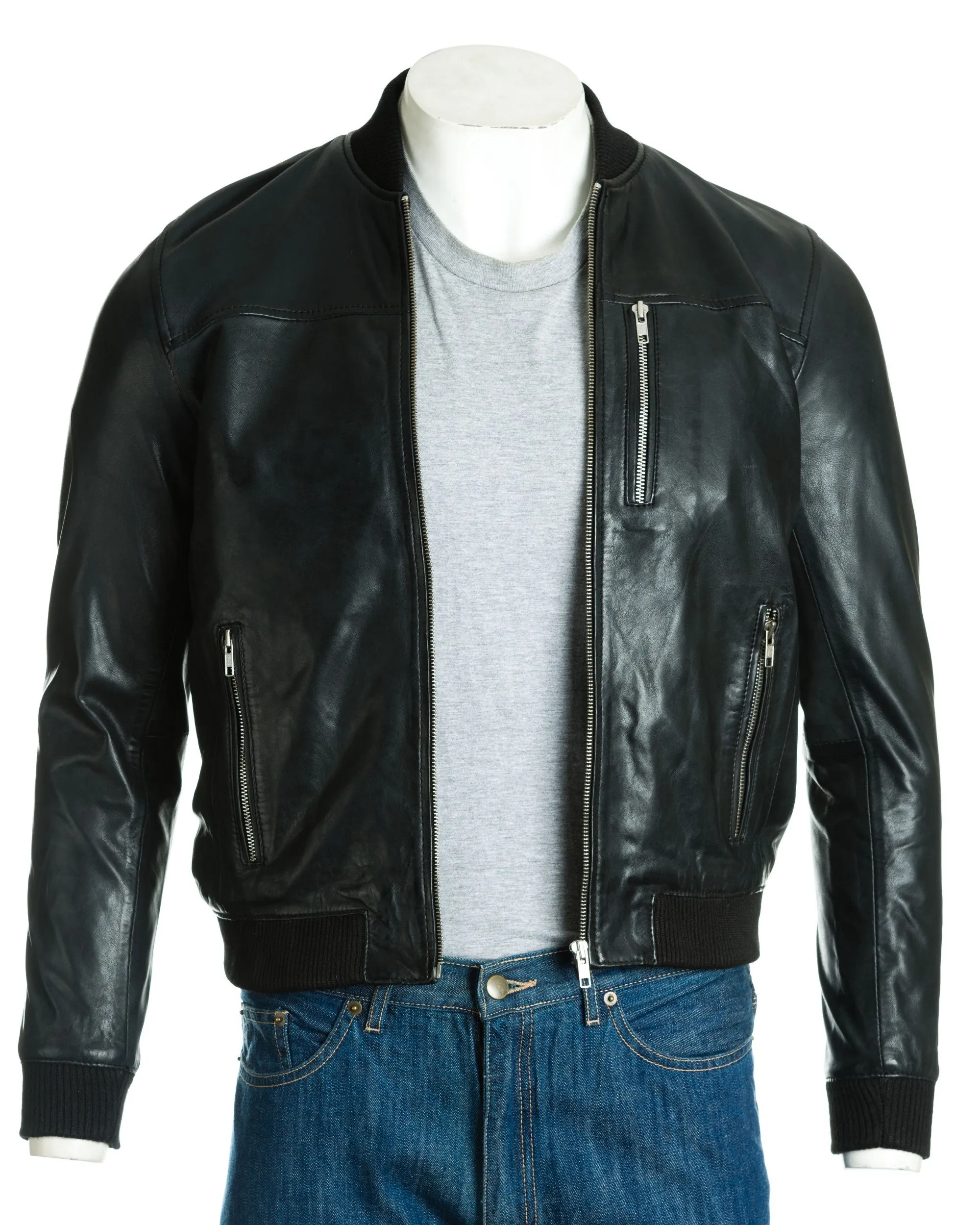 Men's Black Rib-Knit Collar Leather Bomber: Fabbro