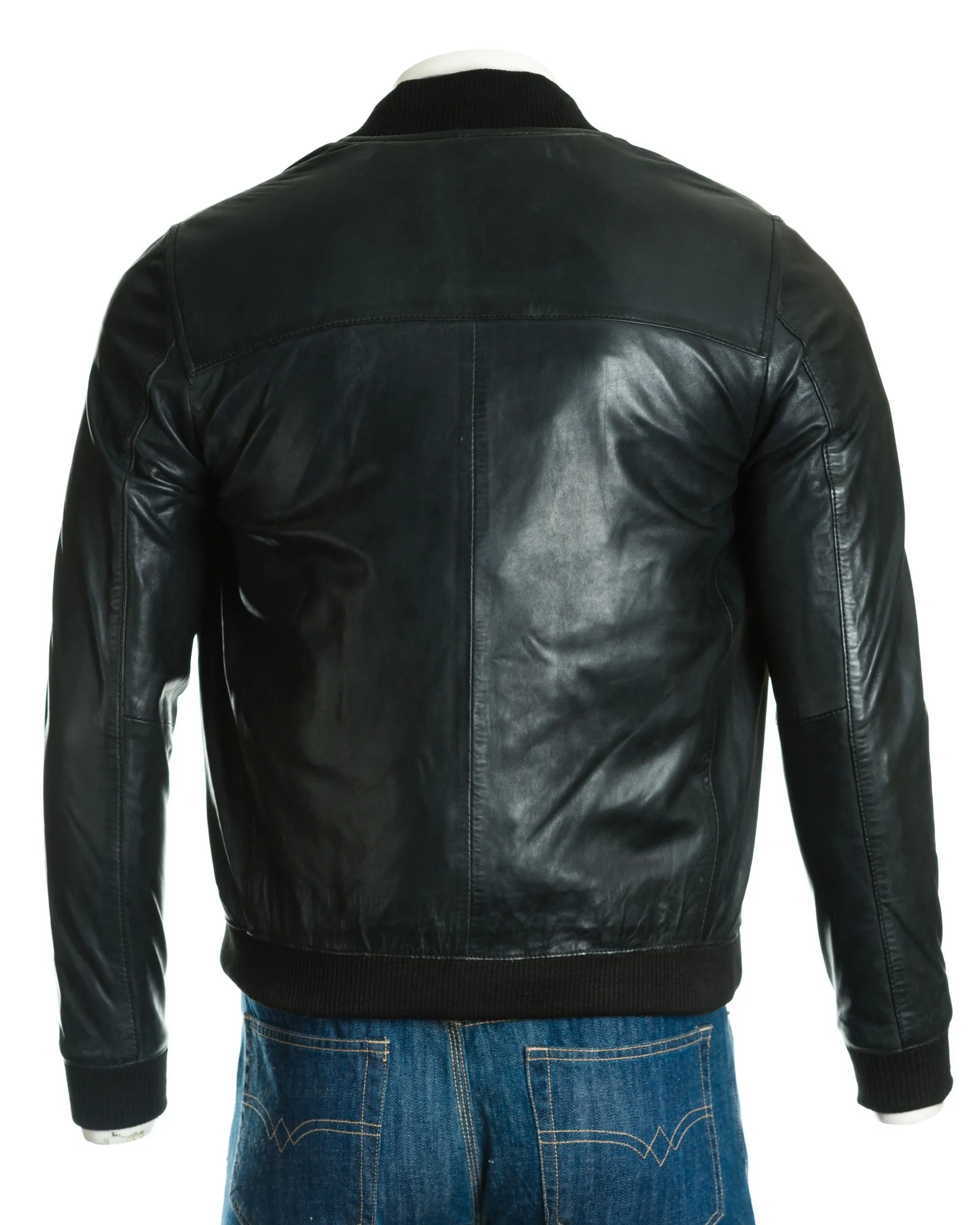 Men's Black Rib-Knit Collar Leather Bomber: Fabbro