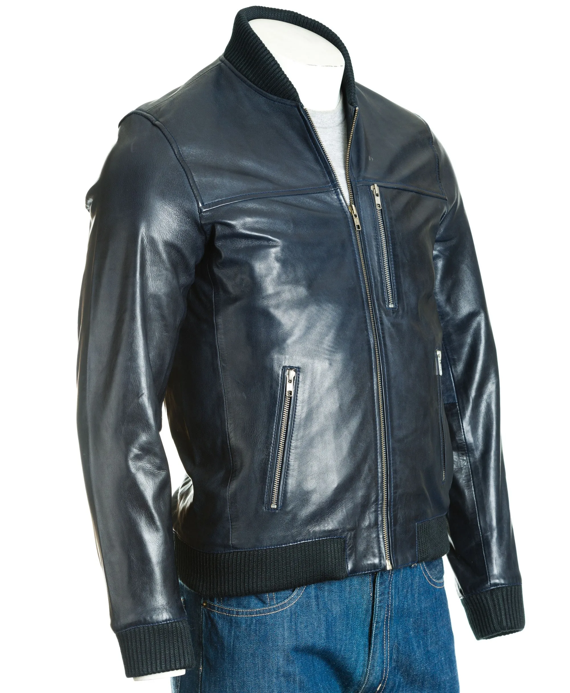 Men's Black Rib-Knit Collar Leather Bomber: Fabbro