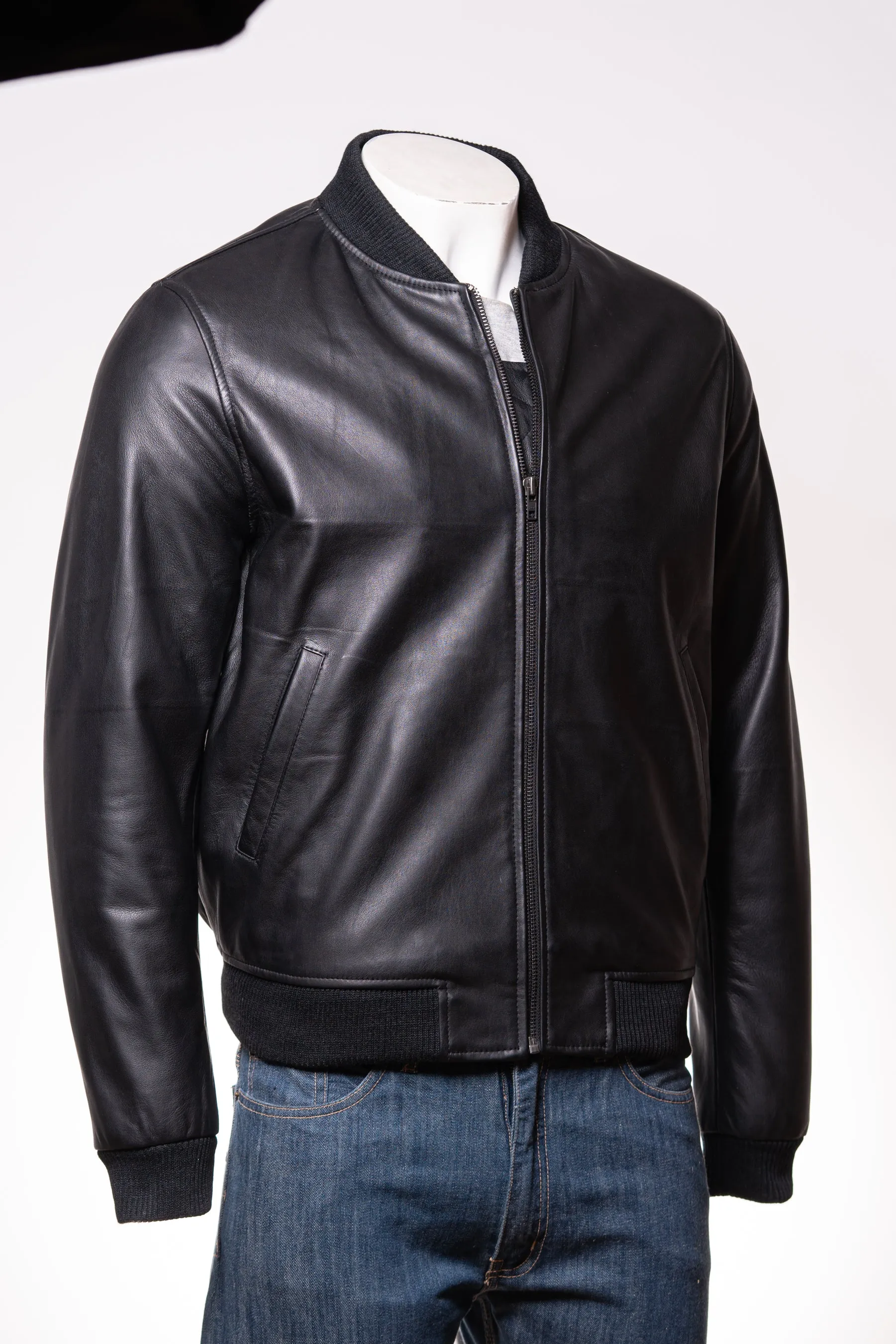 Men's Black Rib-Knit Collar Leather Bomber Jacket: Benedict