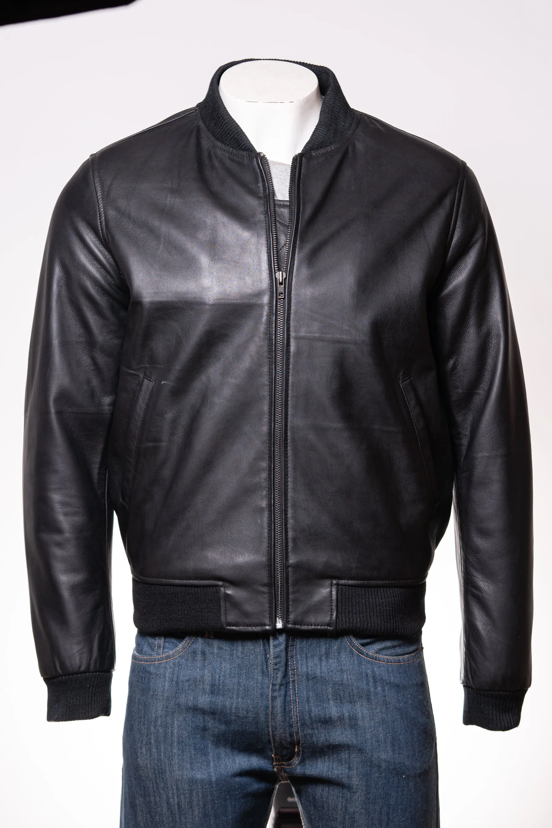 Men's Black Rib-Knit Collar Leather Bomber Jacket: Benedict