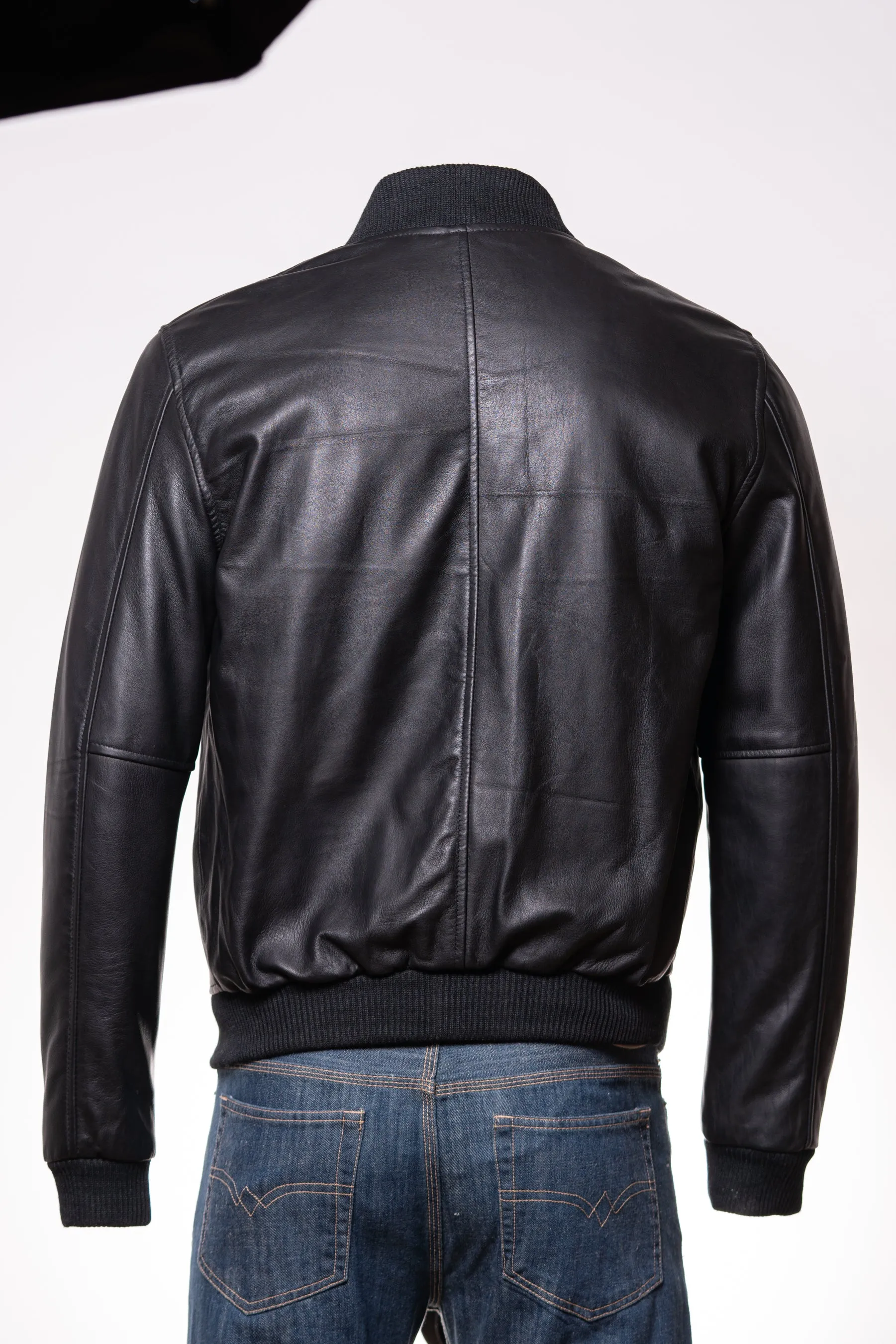 Men's Black Rib-Knit Collar Leather Bomber Jacket: Benedict