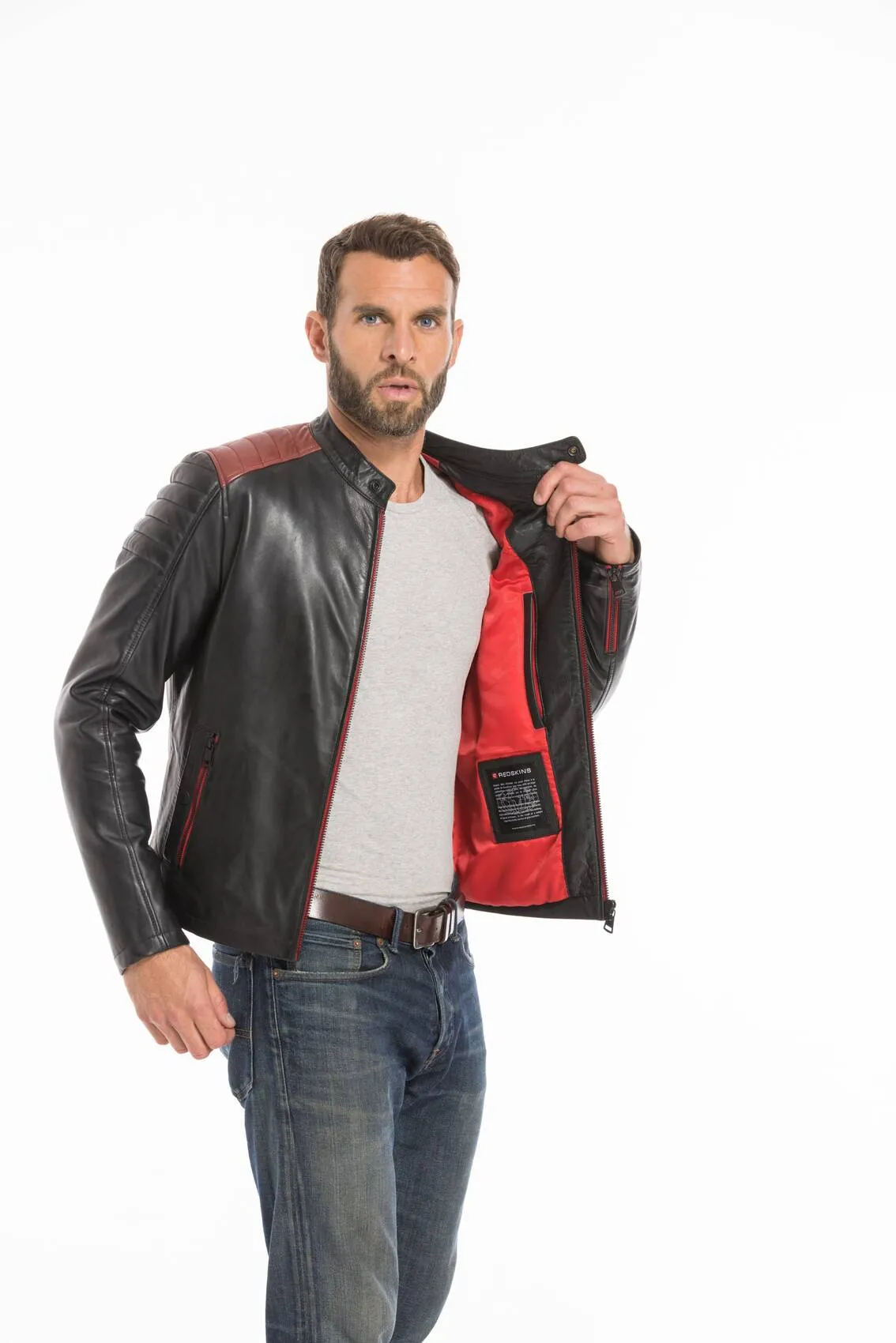 Men's black/red dilecta stoner biker style leather jacket