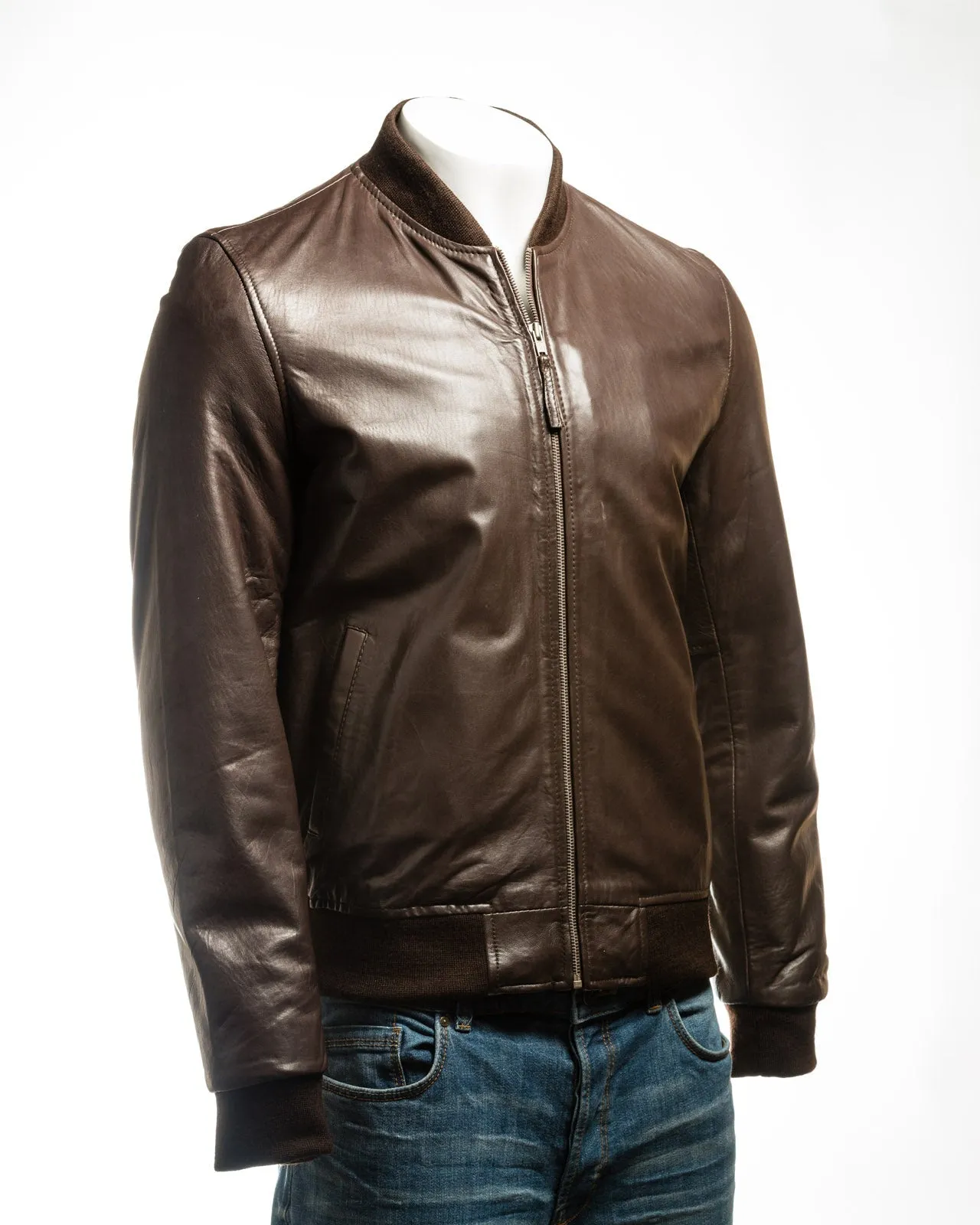 Men's Brown Rib-Knit Collar Leather Bomber: Enzo