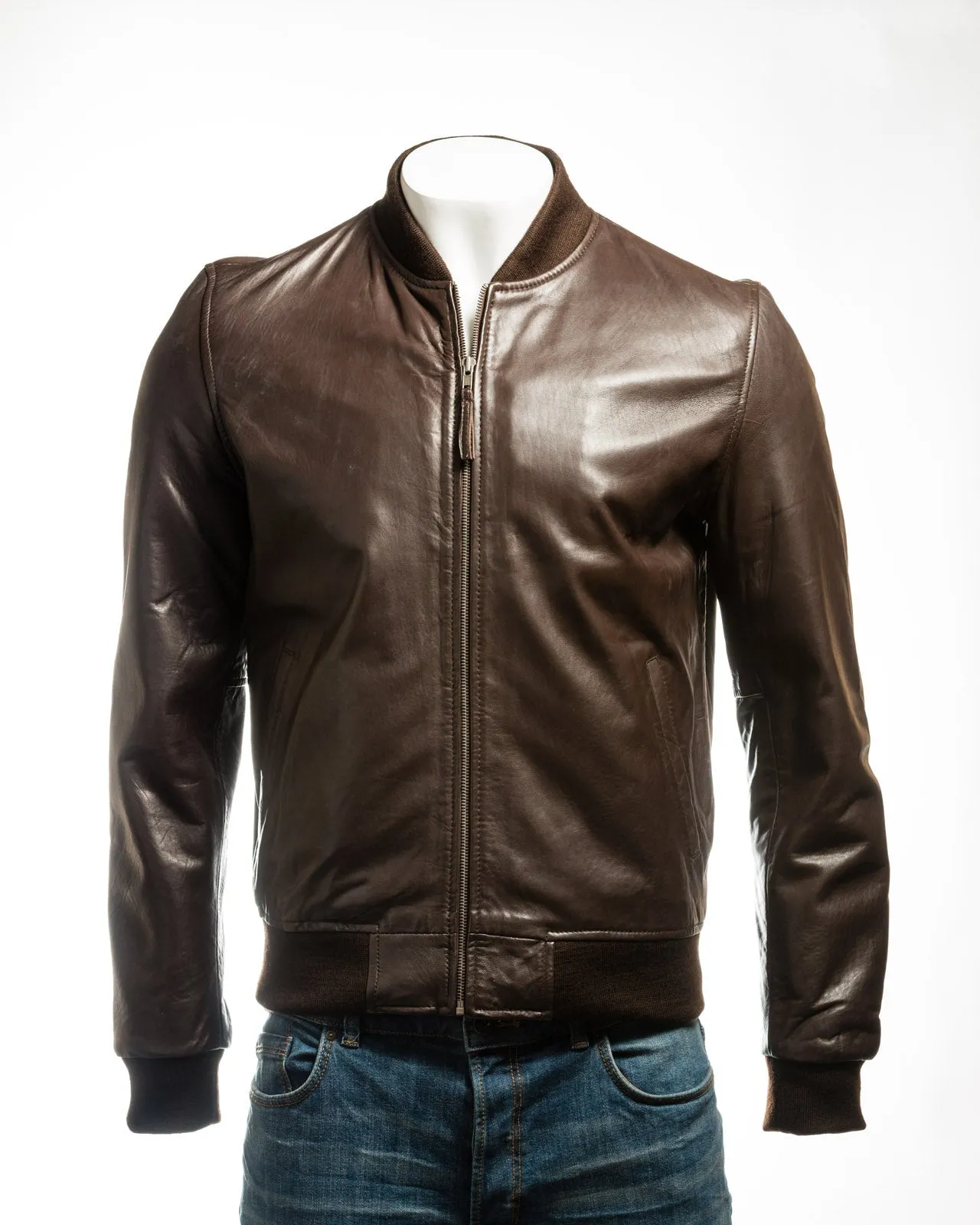 Men's Brown Rib-Knit Collar Leather Bomber: Enzo