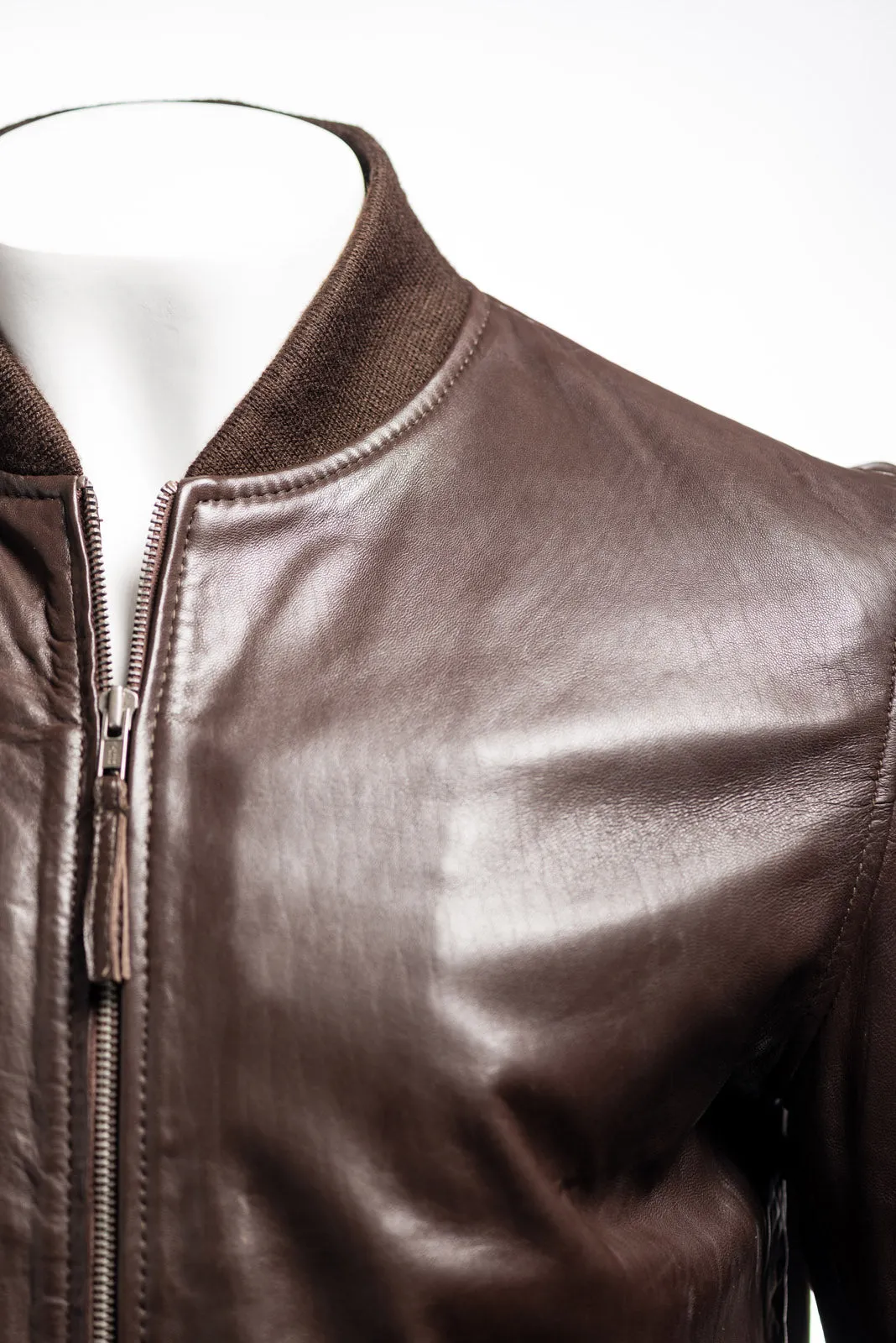 Men's Brown Rib-Knit Collar Leather Bomber: Enzo