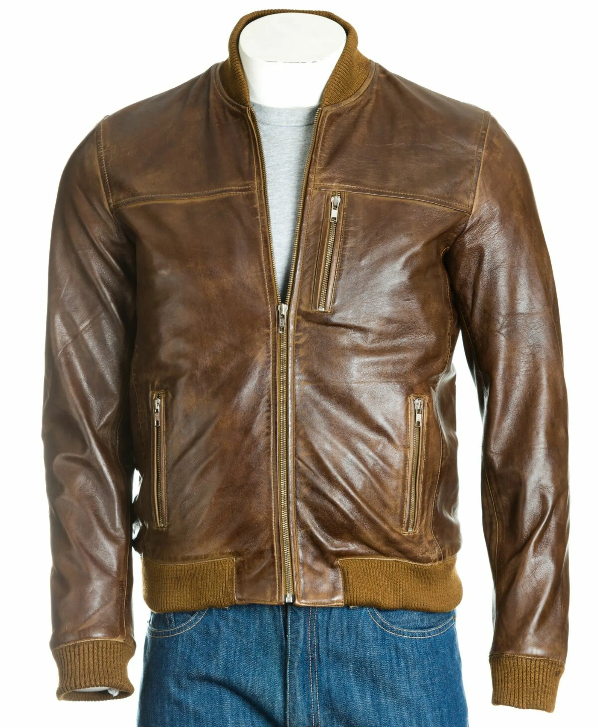 Men's Brown Rib-Knit Collar Leather Bomber: Fabbro