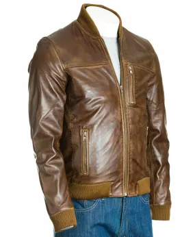 Men's Brown Rib-Knit Collar Leather Bomber: Fabbro